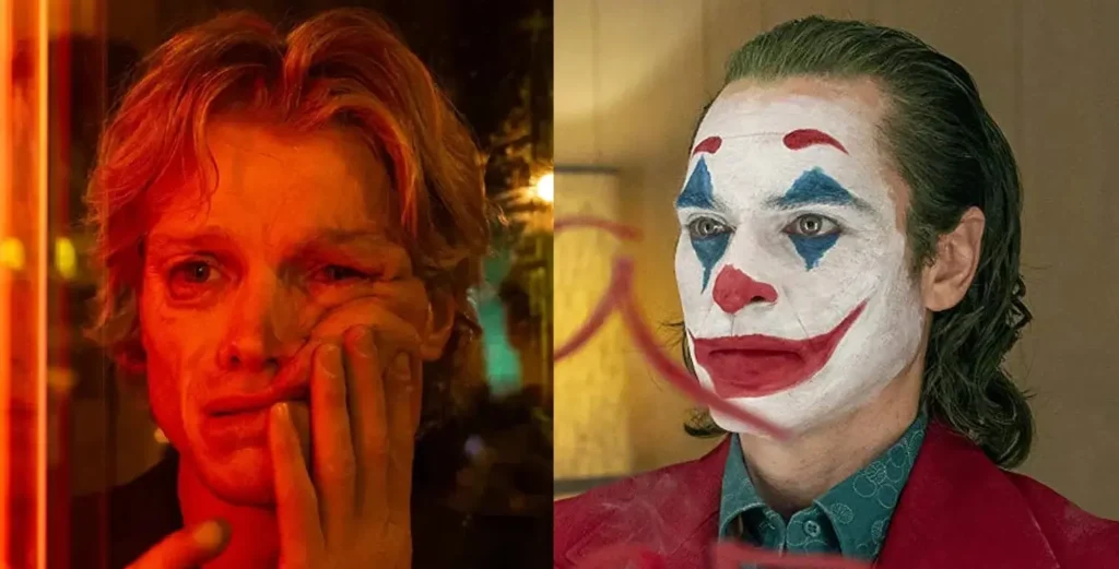 A side-by-side comparison featuring actor Tom Rhys Harries as Matt Hagen in the 2026 DCU body-horror film Clayface (left) and Joaquin Phoenix as Arthur Fleck in Todd Phillips's Joker (right).