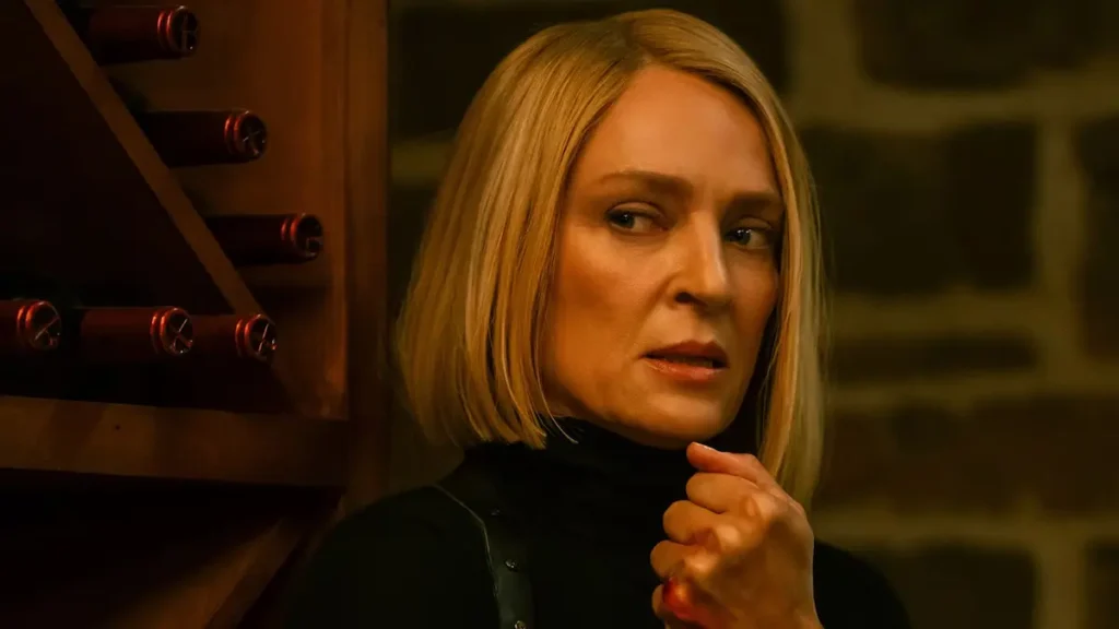 Uma Thurman playing the character Charley (Charlotte "Charley" Brown), the former head of security for Leon Prater, in the Paramount+ crime thriller series Dexter: Resurrection.